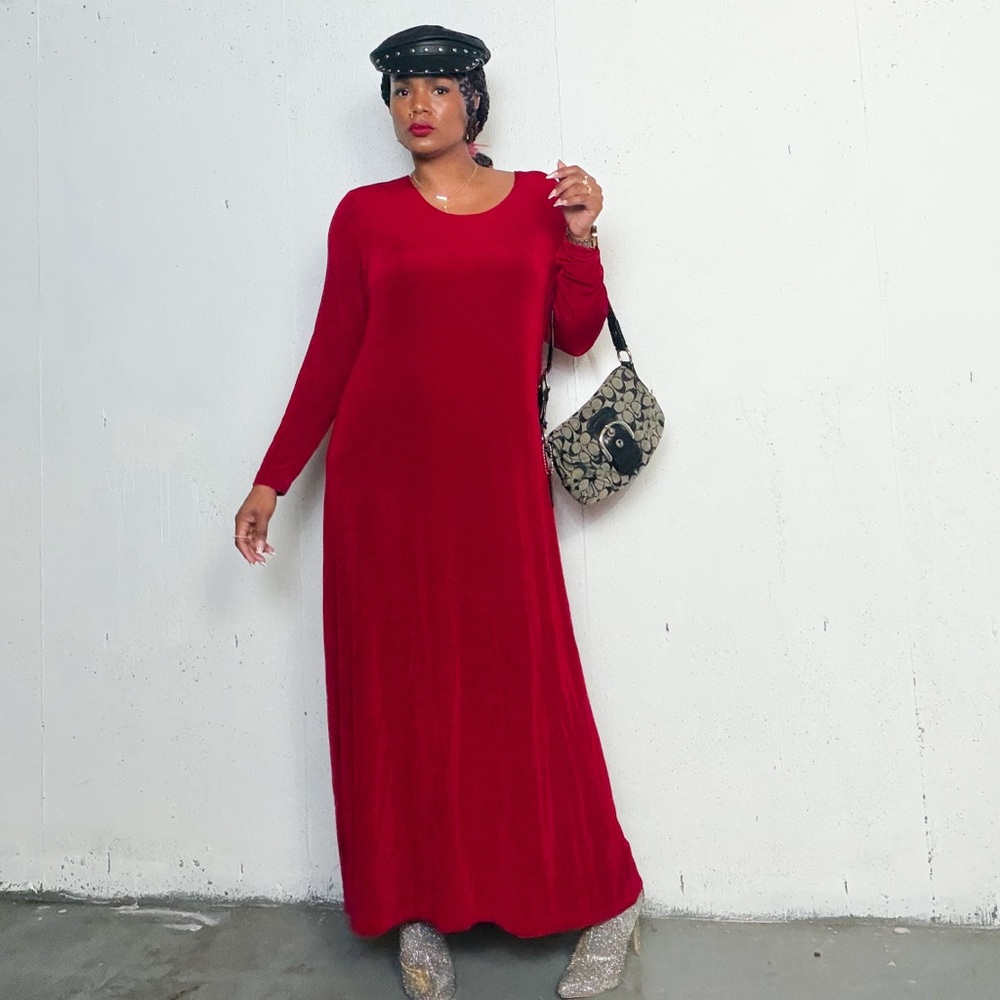 Vintage Nylon Maxi Red Long Sleeve Dress, Fits L-XL